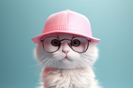 Cute white cat wearing pink hat and sunglasses on pink background.の素材