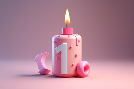 Birthday candle with number one, 3d render, pink backgroundの素材