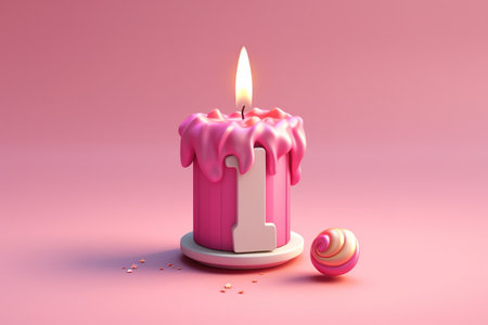 Birthday cake with one candle, 3d render, pink backgroundの素材