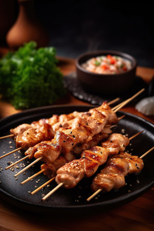 grilled chicken skewer on black plate, japanese foodの素材