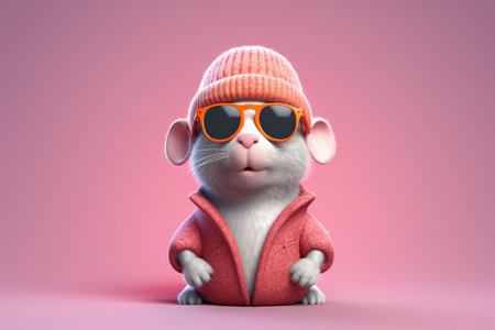 Cute rat wearing a hat and sunglasses. 3D rendering.の素材