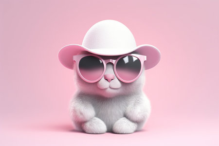 Cute white cat wearing hat and sunglasses. 3D Renderingの素材