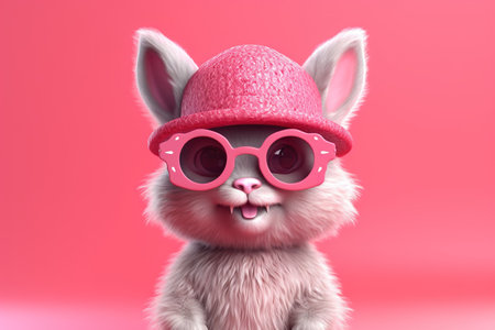 Funny bunny with pink glasses on pink background. 3d rendering.の素材