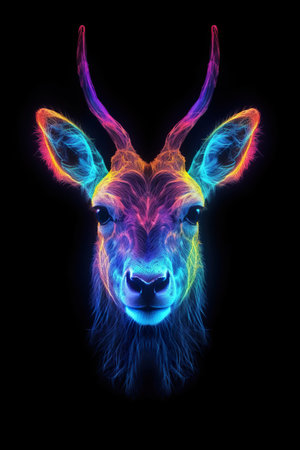 Fantastic deer portrait with colorful lights on a black background. neon blue, neon violet, neon orange, hyperrealistic and unusualの素材