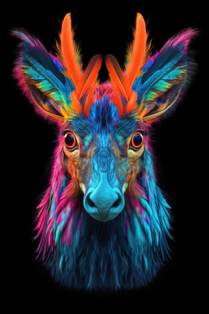Head of a donkey with colorful feathers on a black background. 3d rendering neon blue, neon violet, neon orange, hyperrealistic and unusualの素材