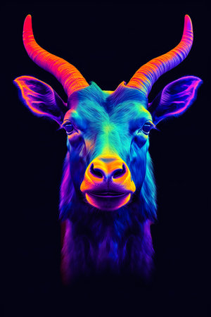 Portrait of a goat in neon light on a black background.の素材