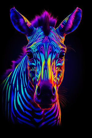 Zebra head with colorful neon light on black background. Vector illustration. neon blue, neon violet, neon orange, hyperrealistic and unusualの素材