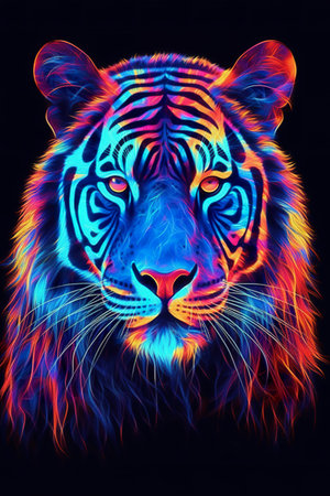 Tiger head with colorful neon lights on black background. Vector illustration. neon blue, neon violet, neon orange, hyperrealistic and unusualの素材