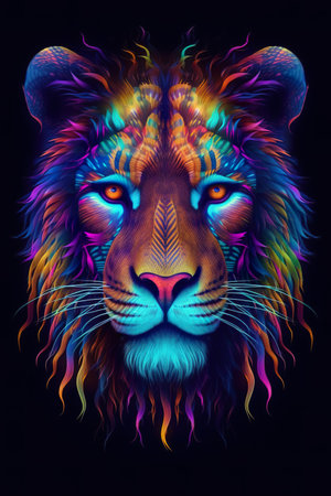 Colorful lion head on black background. Psychedelic effect. neon blue, neon violet, neon orange, hyperrealistic and unusualの素材