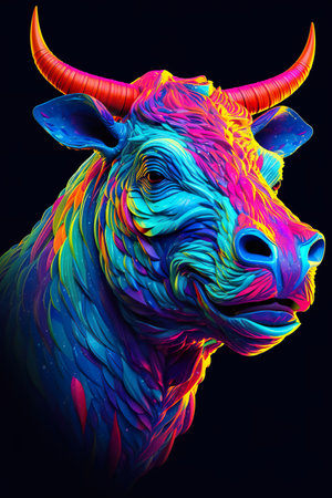 Tiger head with colorful fire flames on black background. Vector illustration. neon blue, neon violet, neon orange, hyperrealistic and unusualの素材