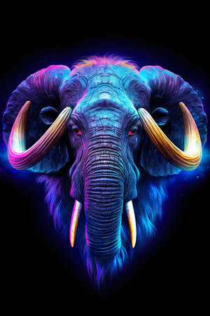 Elephant head with neon lights. 3d illustration. Abstract art. neon blue, neon violet, neon orange, hyperrealistic and unusualの素材
