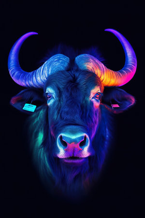 Portrait of a yak on a dark background with colored lights. neon blue, neon violet, neon orange, hyperrealistic and unusualの素材
