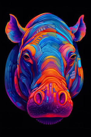Head of a rhinoceros on a black background. 3d rendering neon blue, neon violet, neon orange, hyperrealistic and unusualの素材