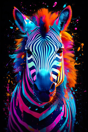 Portrait of zebra with colorful paint splashes on black background neon blue, neon violet, neon orange, hyperrealistic and unusualの素材