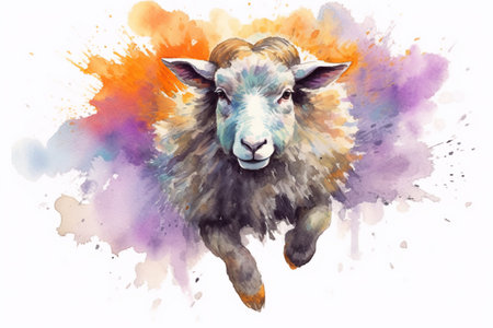 Watercolor illustration of a sheep on a watercolor splash background.の素材