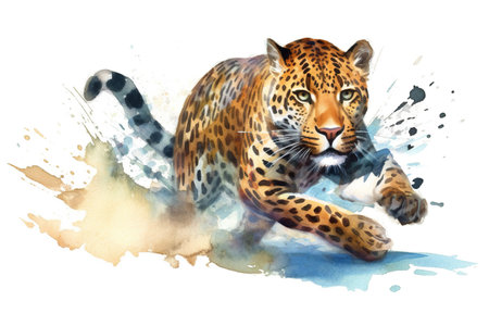 Watercolor sketch of a leopard on a white background with splashesの素材