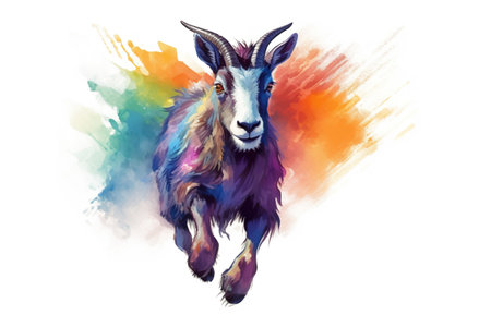 Watercolor illustration of a goat on a background of colorful splashesの素材