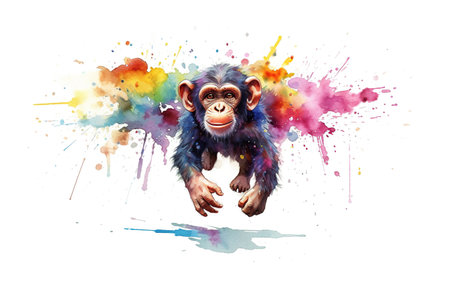 Chimpanzee on a white background with colorful splashes.の素材