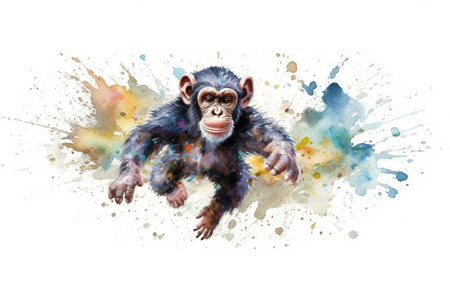 Chimpanzee in watercolor splashes. Hand drawn illustrationの素材