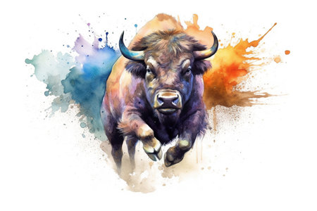 Watercolor bull on a background of watercolor splashes. Vector illustrationの素材