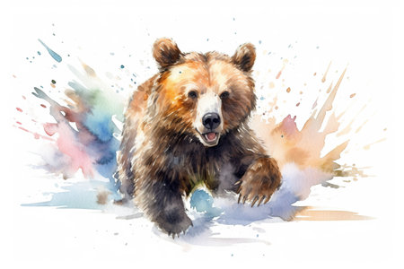 Watercolor illustration of a brown bear on a white background with splashesの素材