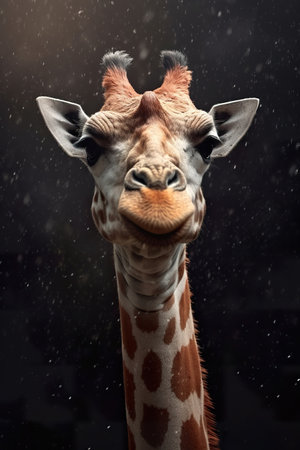 Portrait of a giraffe on a black background with falling snowの素材