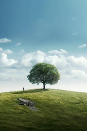 Conceptual image of lonely person standing on top of a hillの素材