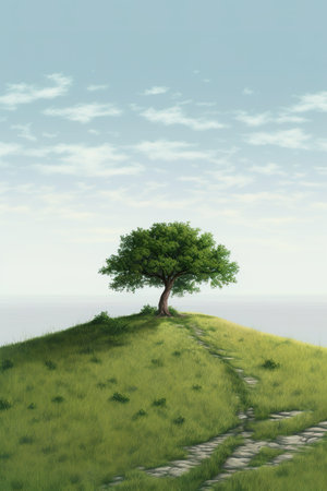 Tree on the hill in the morning. 3D rendered Illustration.の素材
