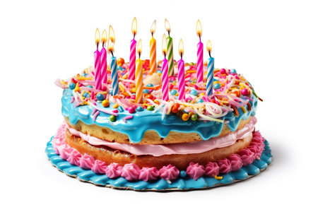 Birthday cake with candles on a white background. 3d renderingの素材