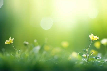 Spring background with green grass and little yellow flowers, soft focus.の素材