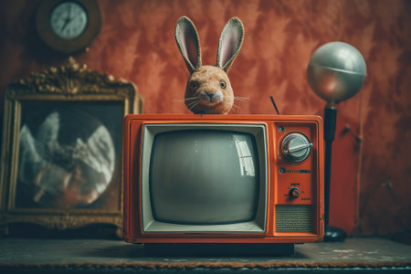 Vintage retro television with rabbit on the table.Vintage styleの素材