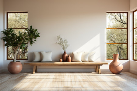 Interior of living room with white walls, wooden floor, white sofa with cushions and vases. 3d renderingの素材