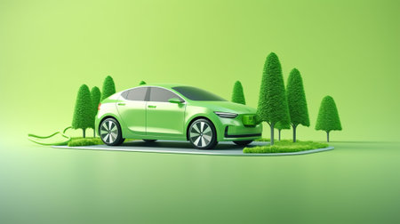 Green electric car charging on a green background with trees. 3d renderingの素材