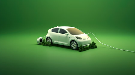 Electric car charging on green background. 3d illustration. Renewable energy conceptの素材