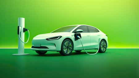 Electric car with charging station on green background. 3D rendering.の素材