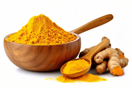Turmeric powder in wooden bowl and fresh turmeric root on white backgroundの素材
