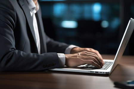 Close up of businessman hands typing on laptop keyboard in office. Businessman working with computer at workplace.の素材
