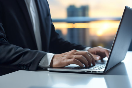 businessman working with laptop computer on the desk in modern office at sunsetの素材