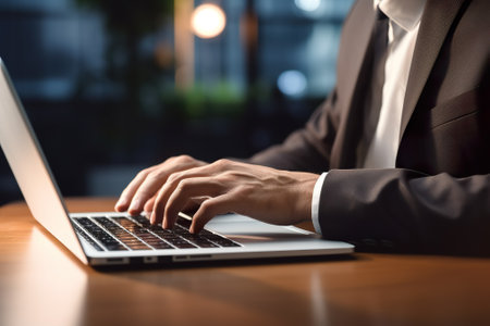 Businessman working on laptop in office. Close up of male hands typing on computer keyboard.の素材
