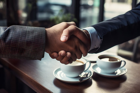 Close up of two businessmen shaking hands in a coffee shop. Business concept.の素材