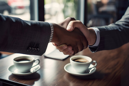 Close-up of two businessmen shaking hands in a coffee shop.の素材