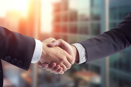 Close-up of business people shaking hands with each other in officeの素材