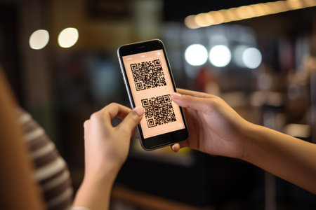 Female hand holding smartphone and scanning QR code in cafe, closeupの素材