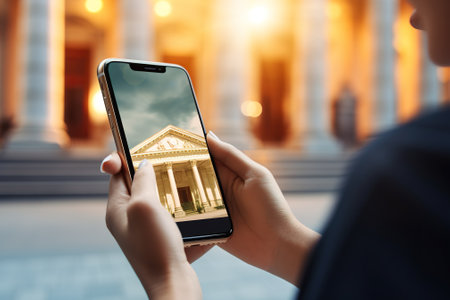 Smartphone in the hands of a girl on the background of the building.の素材