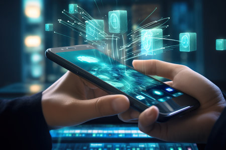 View of a Businessman holding a smartphone with technology interface - 3d renderingの素材
