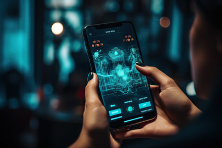 Close up of female hands holding mobile phone with hologram on screenの素材
