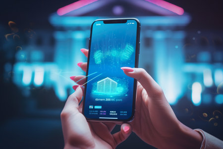 Smartphone in the hands of a girl on the background of the houseの素材