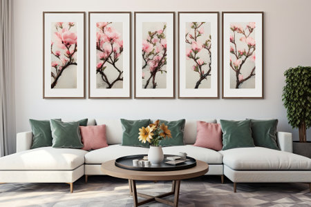 Living room interior with flowers on the wall. 3d rendering mock upの素材