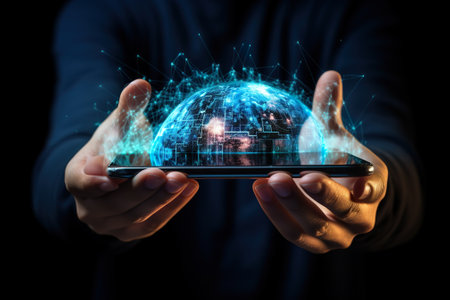 Concept view of a man holding a smartphone with a hologram of a cityの素材