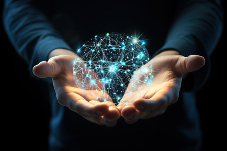 Businessman on blurred background holding 3D rendering artificial intelligence in his handの素材